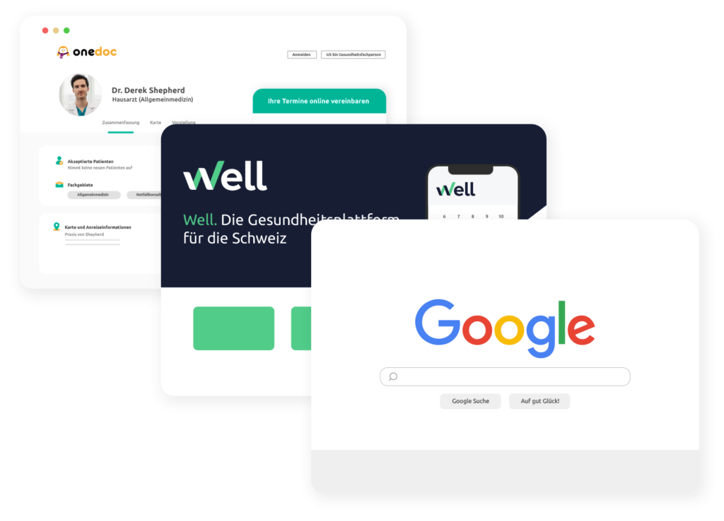 OneDoc Pro ist mit den Plattformen verbunden, auf denen Ihre Patienten in der Schweiz nach Terminen suchen.
