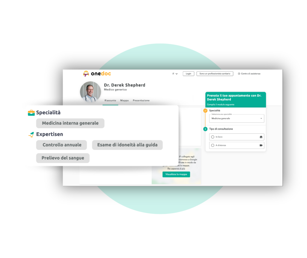 Con OneDoc, la vostra competenza viene messa in risalto, rendendo più facile la ricerca da parte dei pazienti.