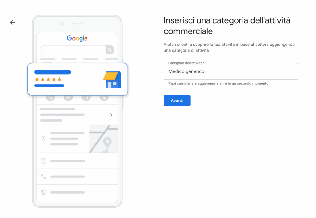 Seleziona la categoria dell'attivita Google business