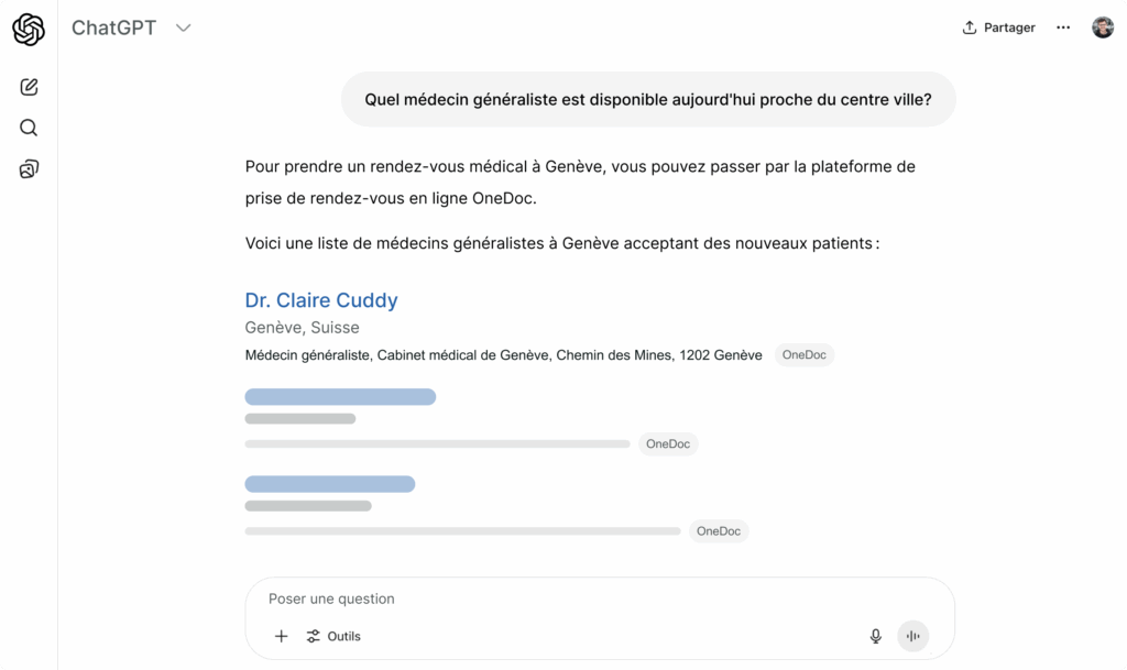 Resultat-recherche-chatgpt Exemple simplifié de résultats de recherche dans ChatGPT mentionnant onedoc.ch