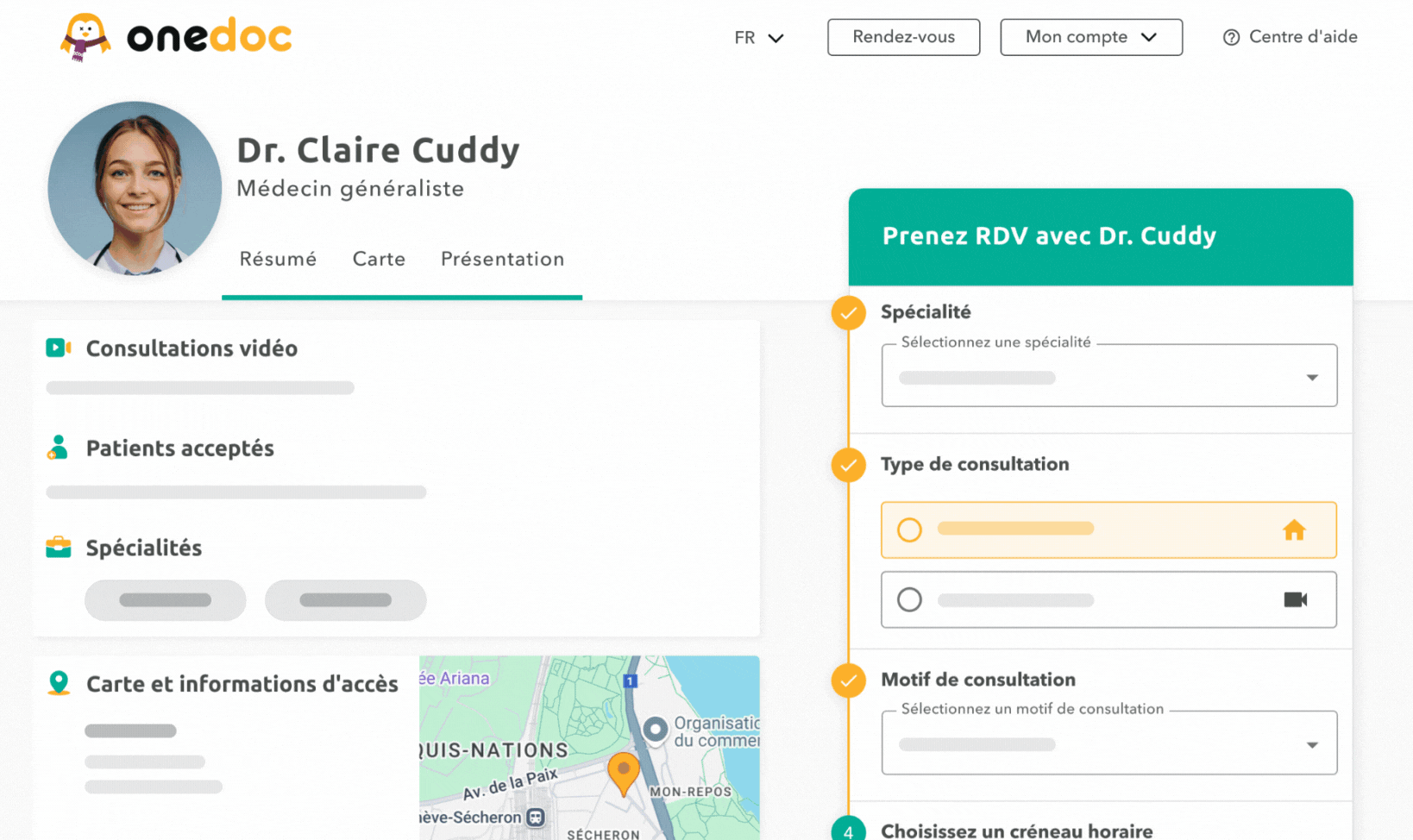 animation-interface-onedoc-pro-focus-onedoc-hub Animation montrant les principales options de OneDoc Pro, dont la prise de rendez-vous, la gestion de l’agenda, la téléconsultation et la facturation.