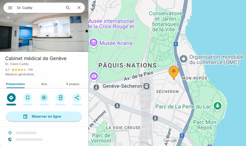 bouton-reserver-google-maps Simulation d'un profil de médecin généraliste apparaissant dans Google Maps contenant le bouton "Réserver en ligne"