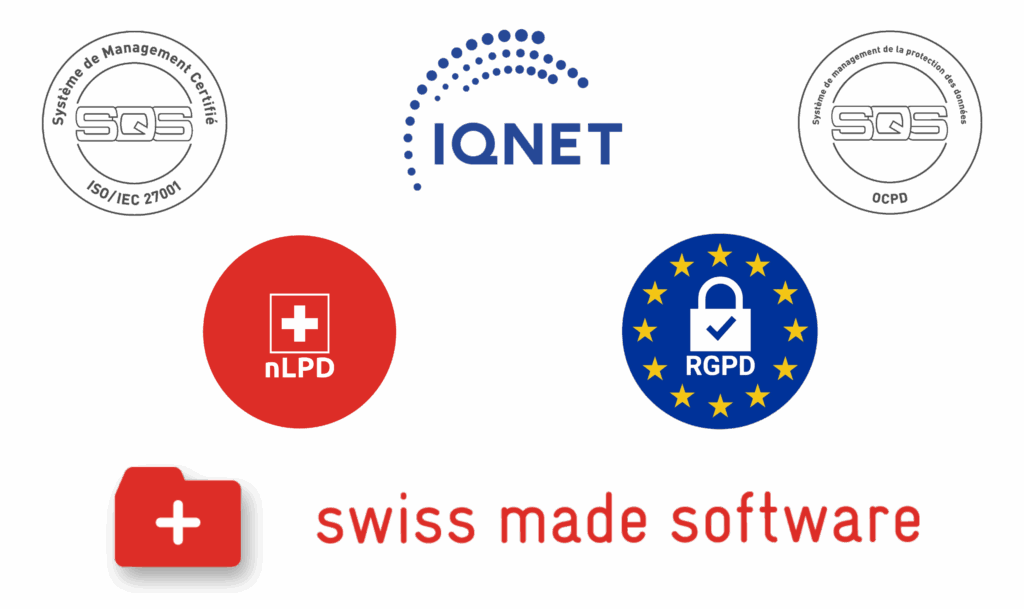 label certifications onedoc pro Logos des certifications dont bénéficient OneDoc Pro: ISO 27001, OCPD, Swiss-made software