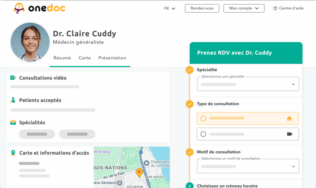 profil-onedoc Simulation du rendu d'un profil de médecin généraliste sur onedoc.ch dans sa version simplifiée