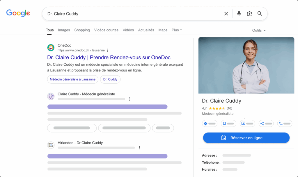 Bouton-reserver-en-ligne-Google-OneDoc-Pro Vue des résultats de recherche Google avec un docteur sur OneDoc dan les premiers résultats