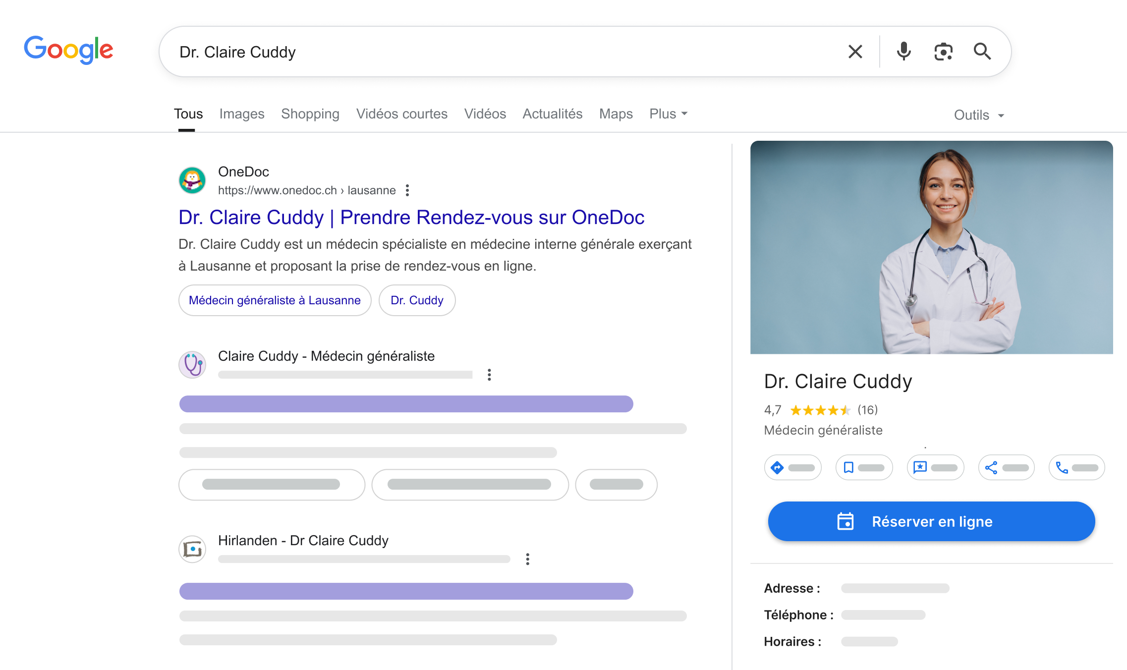 Bouton-reserver-en-ligne-Google-OneDoc-Pro Vue des résultats de recherche Google avec un docteur sur OneDoc dan les premiers résultats