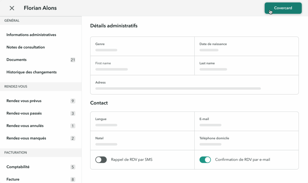 Covercard-verification-couverture-patent-OneDoc-Invoice Fiche patient sur l'interface OneDoc Pro sur laquelle il est possible de voir si un patient est couvert par une assurance grâce au Covercard System