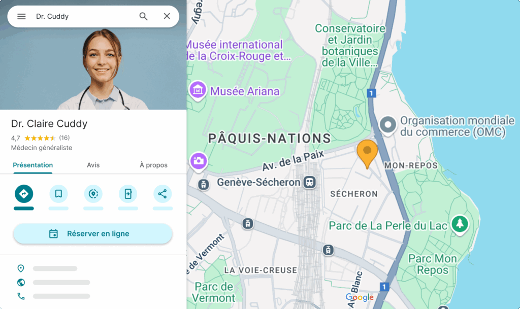 Google-Maps-bouton-reserver-ligne-OneDoc-Pro Profil d'un docteur sur Google Maps avec le bouton "réserver en ligne" dicponible avec OneDoc Pro