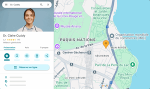 Profil d'un docteur sur Google Maps avec le bouton "réserver en ligne" dicponible avec OneDoc Pro