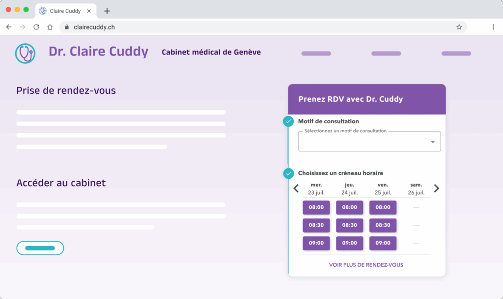 Widget-OneDoc-Pro-site-web-professionnel-santé Vue d'un site web fictif de professionnel de santé avec le widget de prise de rendez-vous OneDoc