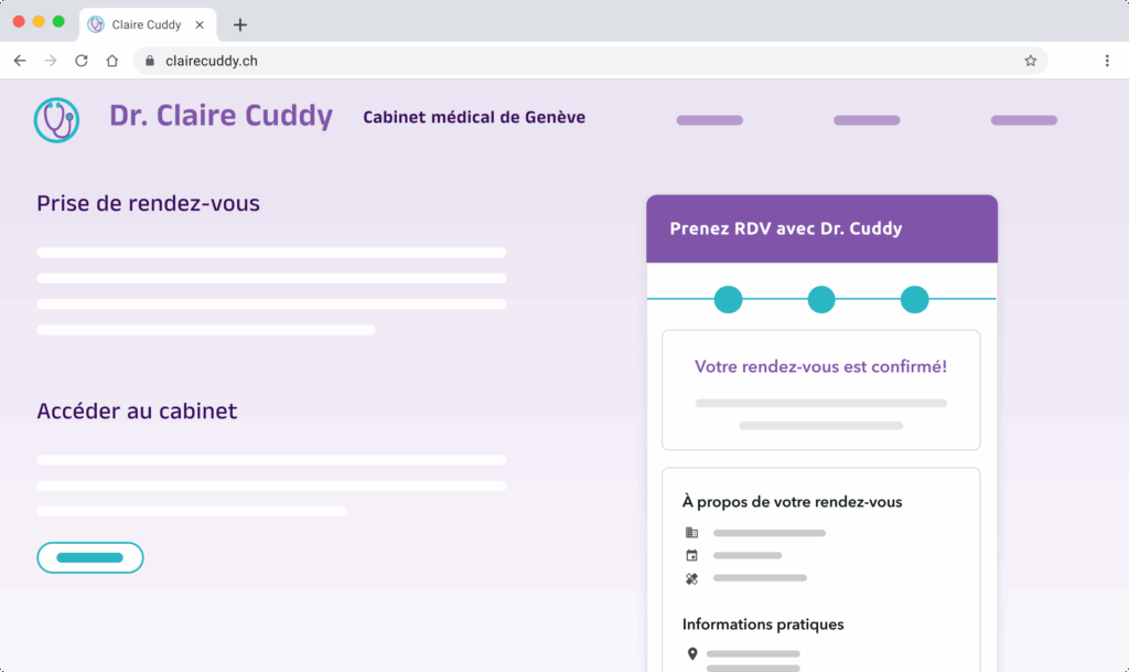 Widget-prise-de-rendez-vous-confirme Vue d'un site web fictif de professionnel de santé avec le widget de prise de rendez-vous OneDoc confrirmant la prise de rendez-vous