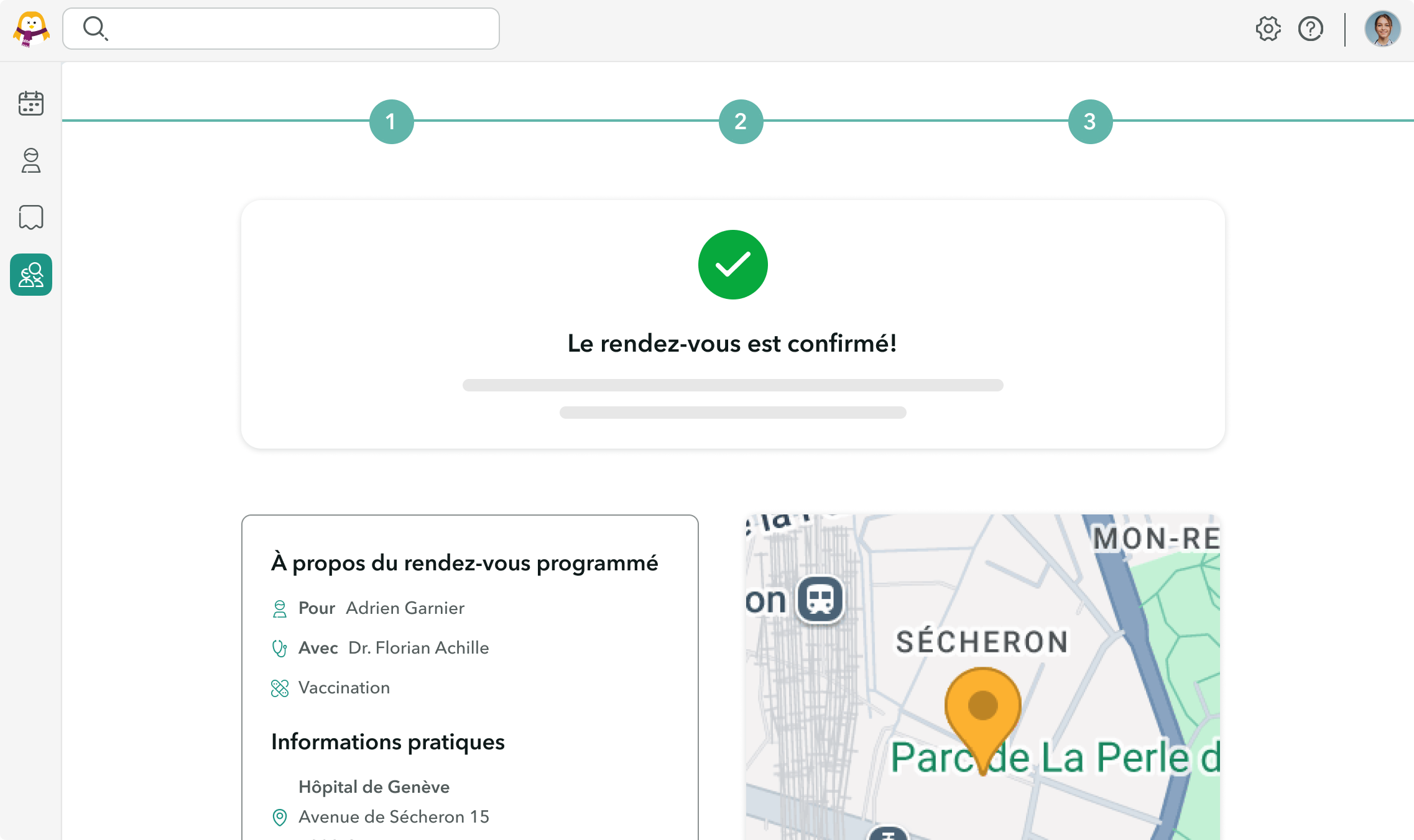 adressage-rendez-vous-confirme-confreres Vue de l'interface adressage de OneDoc pro avec la confirmation d'un rendez-vous