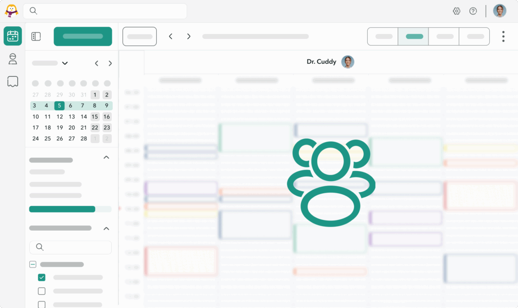 agenda-securise-equipe-assistant Vue de l'agenda OneDoc floutée avec une icône représentant l'équipe avec laquelle l'agenda peut être partagé en toute sécurité