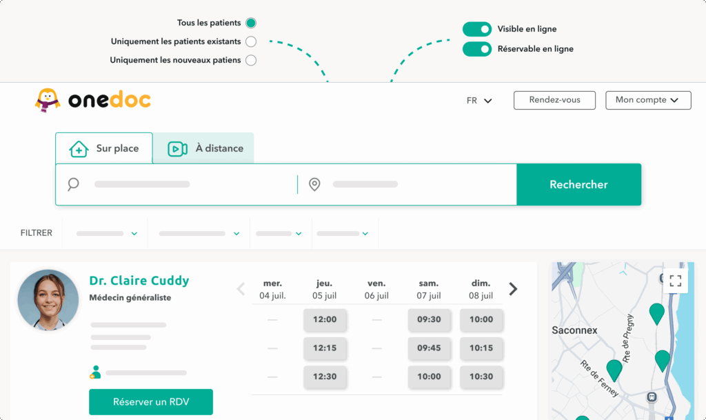 configuration-profil-OneDoc-nouveaux-patients Page de recherche sur OneDoc.ch des bouttons pour indiquer le choix de prendre de nouveaux patents ou non