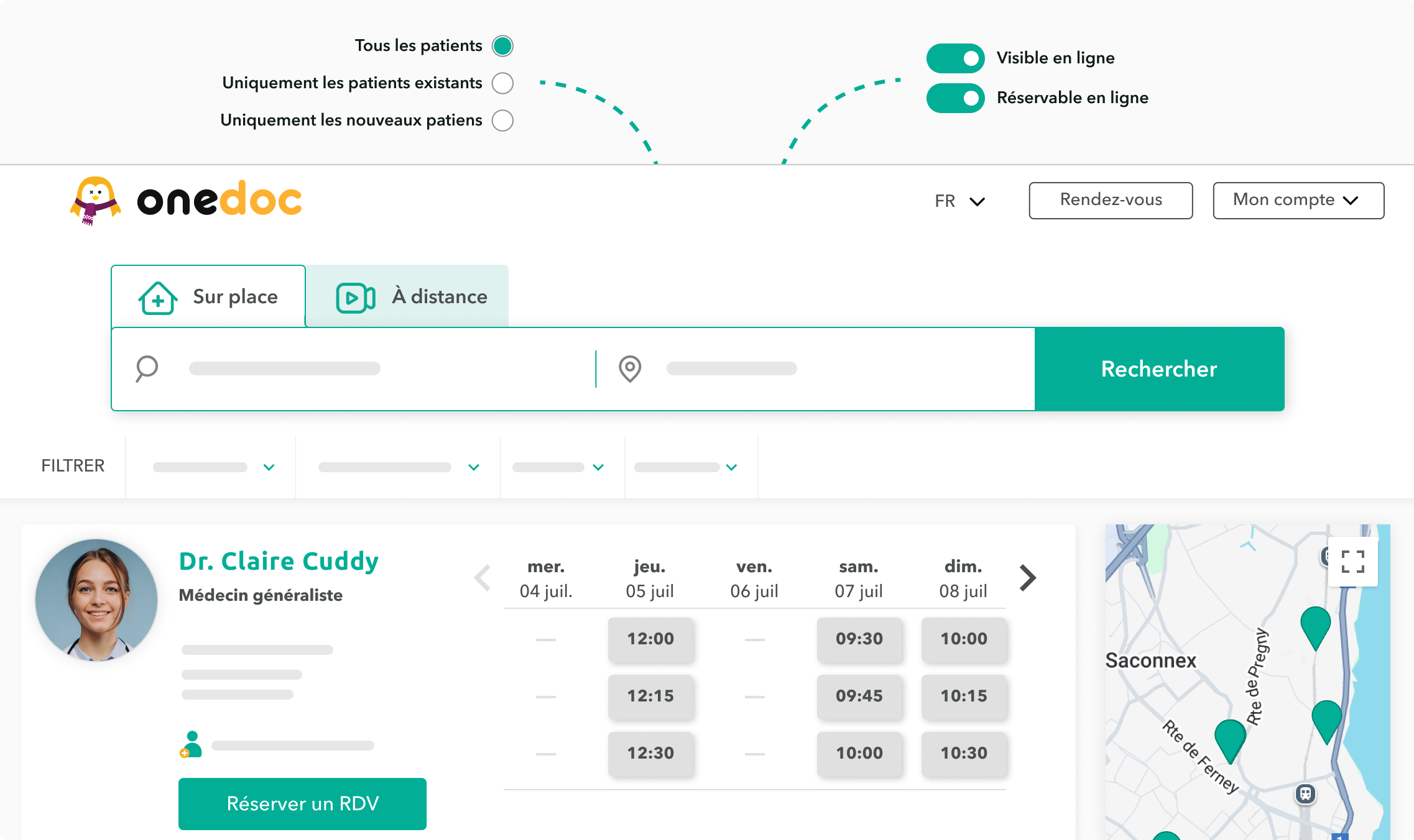 configuration-profil-OneDoc-nouveaux-patients Page de recherche sur OneDoc.ch des bouttons pour indiquer le choix de prendre de nouveaux patents ou non