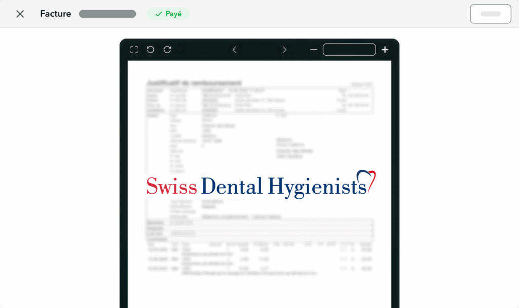 conforme-Tarif-SDH-swiss-dental-hygienists-OneDoc-Invoice Facture conforme au tarif SDH générée sur OneDoc Invoice floutée avec le logo de Swiss Dental Higienists