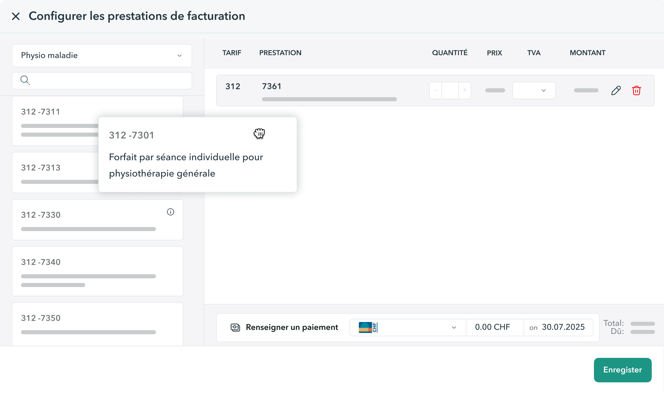 creatio-facture-physio-OneDoc-PRo Vue de la création de factures pour les physiothérapeutes