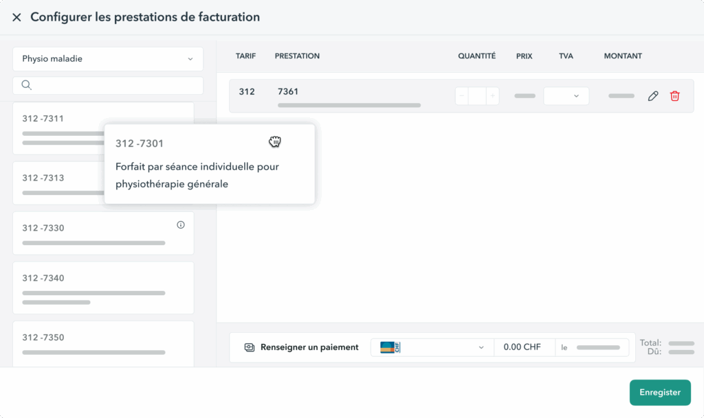 creation-facture-physiotherapie-tatif-311-312 Interface OneDoc Invoice permettant de créer des factures au tarif physiotherapie