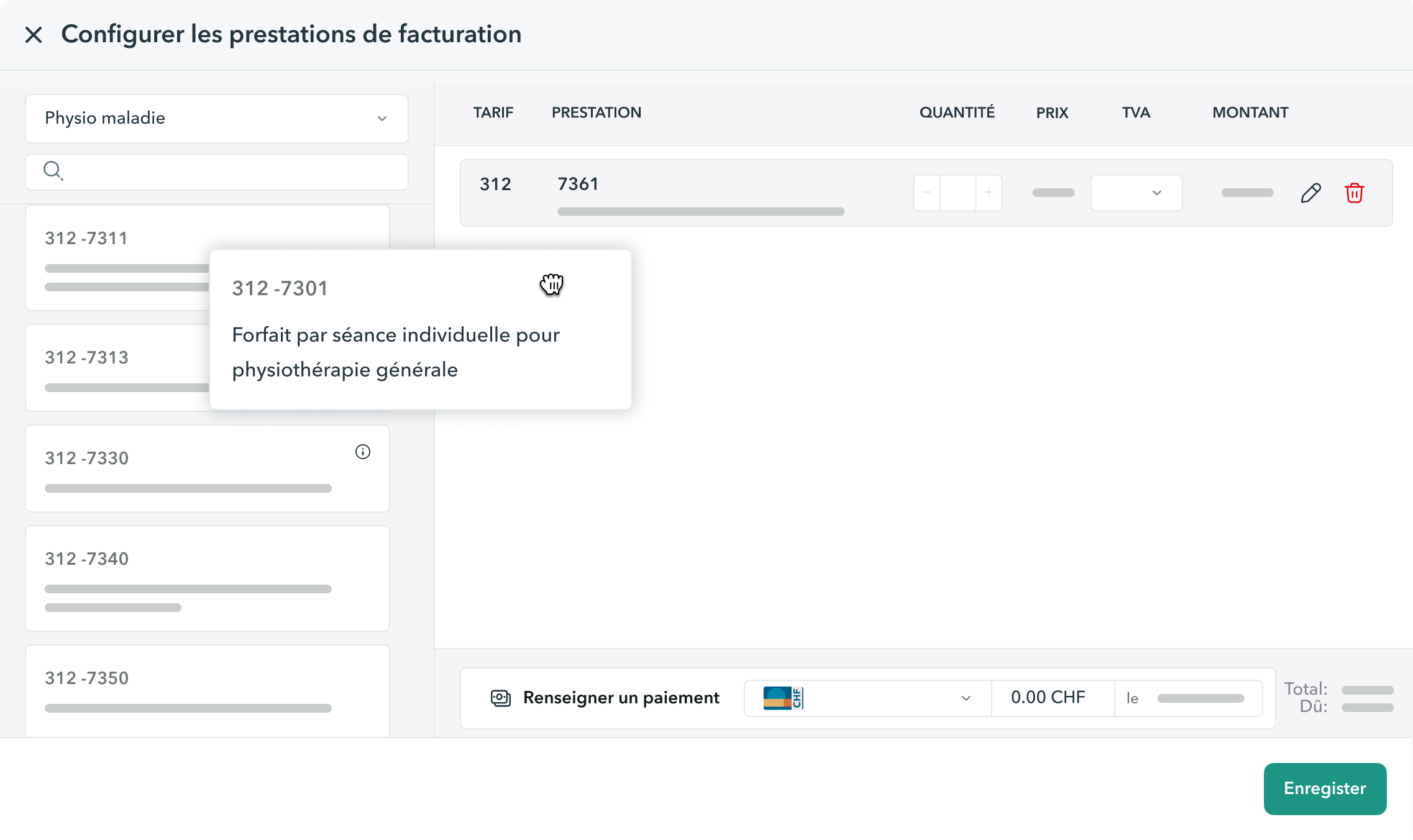 creation-facture-physiotherapie-tatif-311-312 Interface OneDoc Invoice permettant de créer des factures au tarif physiotherapie