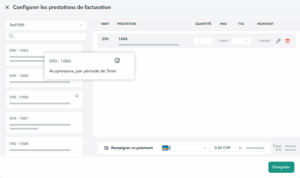 creation-facture-tarif-590-OneDoc-Invoice Interface OneDoc Invoice avec la création facile de facture au Tarif 590 en glissant et déposant la prestation voulue