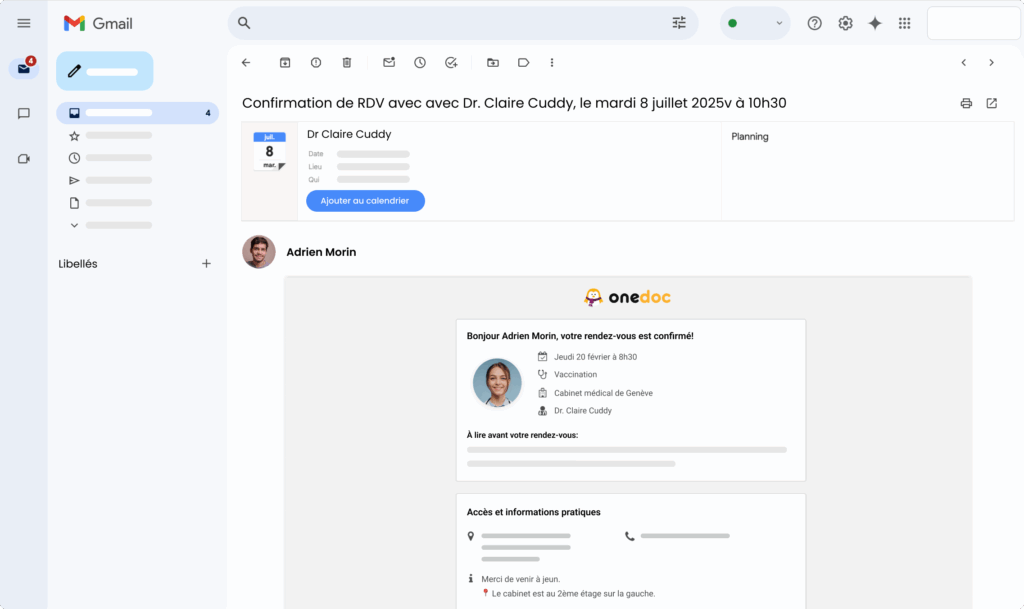 email-confirmation-onedoc-pro-calendrier Email deconfirmation OneDoc avec un boutton ""