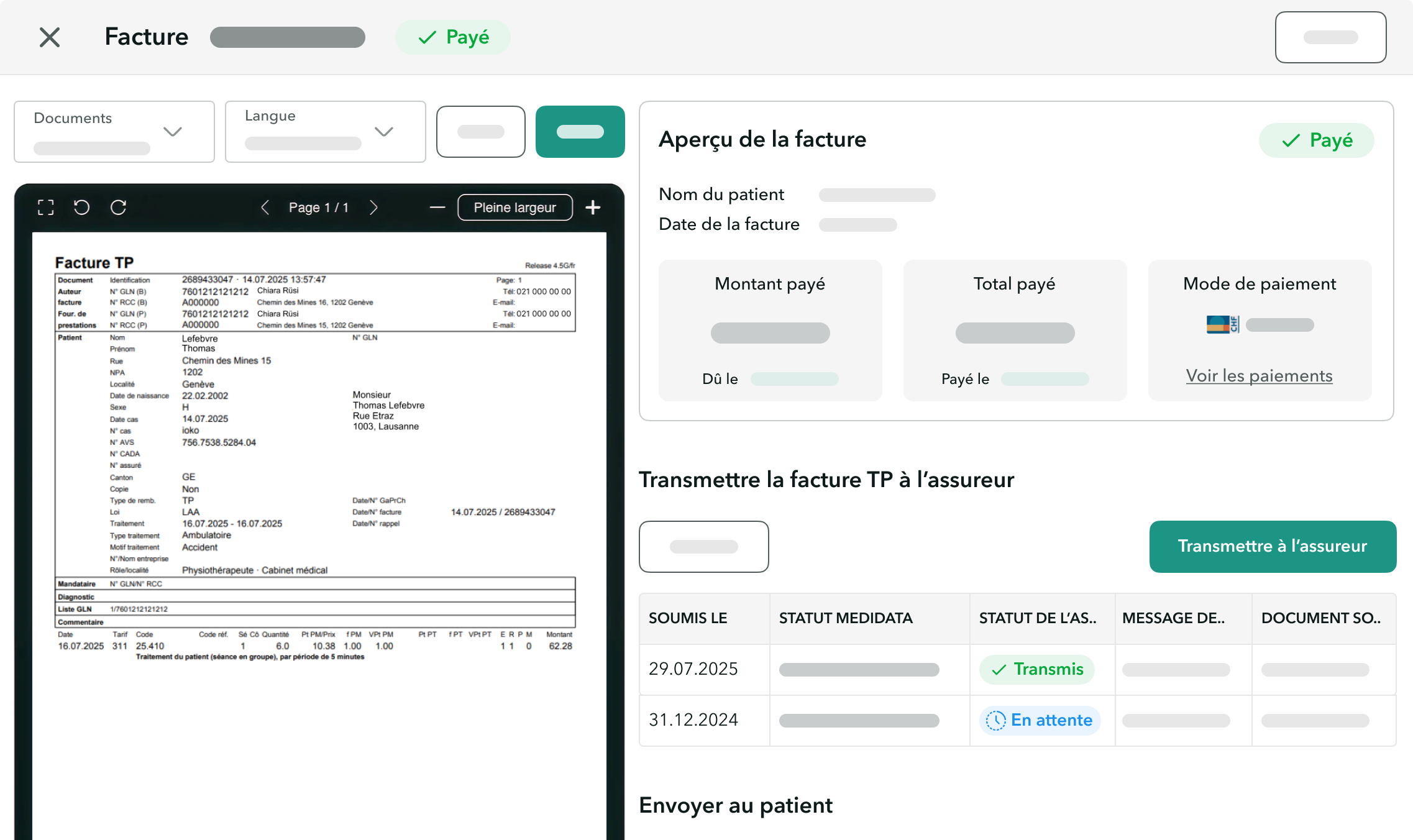 Vue de l'envoi des factures à l'assureur directement depuis OneDoc Pro