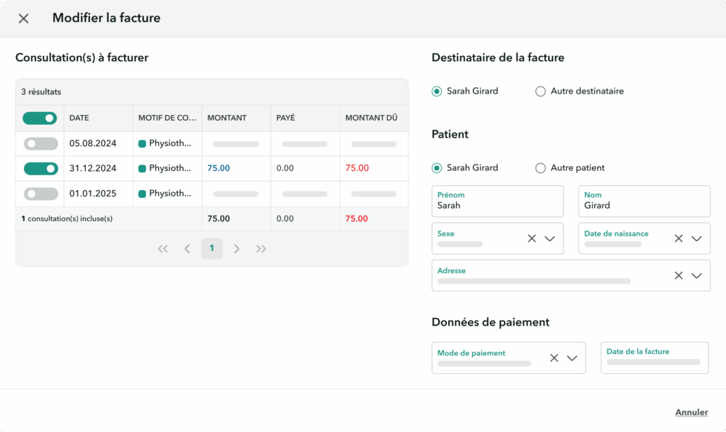 facturation-serie-rendez-vous-physio Interface OneDoc permettant de choisir quelles prestations de physiothérapie seront incluses dans la facture au patient