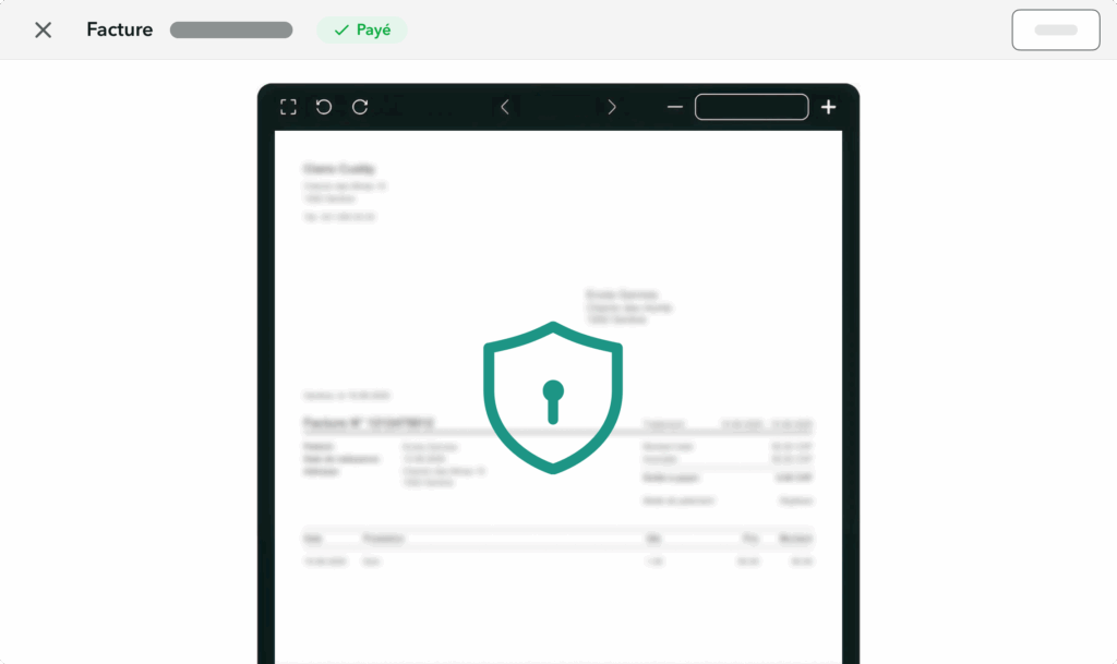 facture-OneDoc-Invoice-securise-nLPD Facture générée avec OneDoc Invoice floutée avec une icône de bouclier évoquant la sécurité des données et le respect de la nLPD