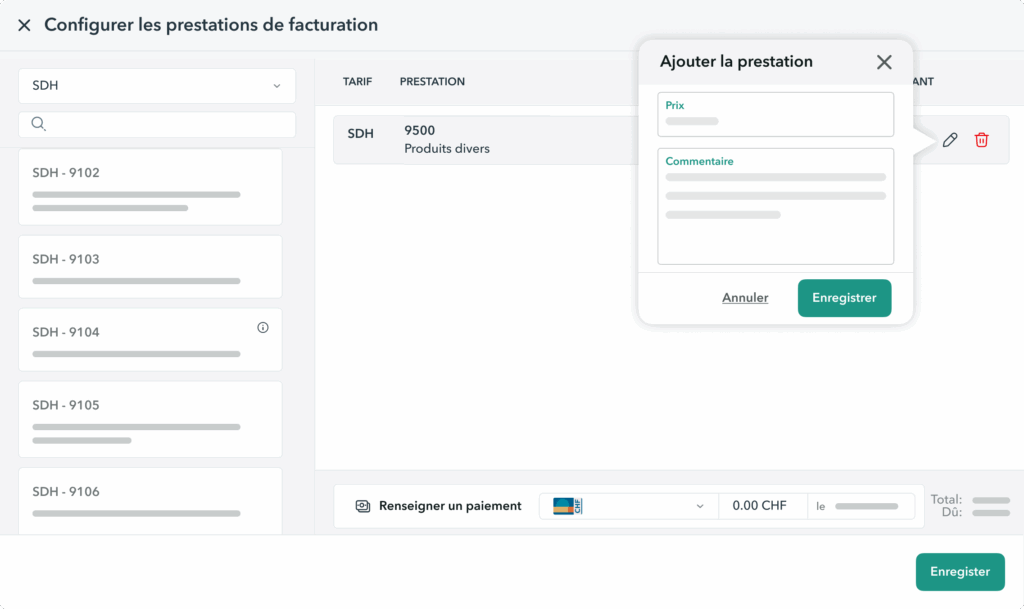 facture-SDH-configuration-prix-duree Interface OneDoc invoice pour les hygiénistes dentaires avec la possibilité de choisir le prix de la prestation