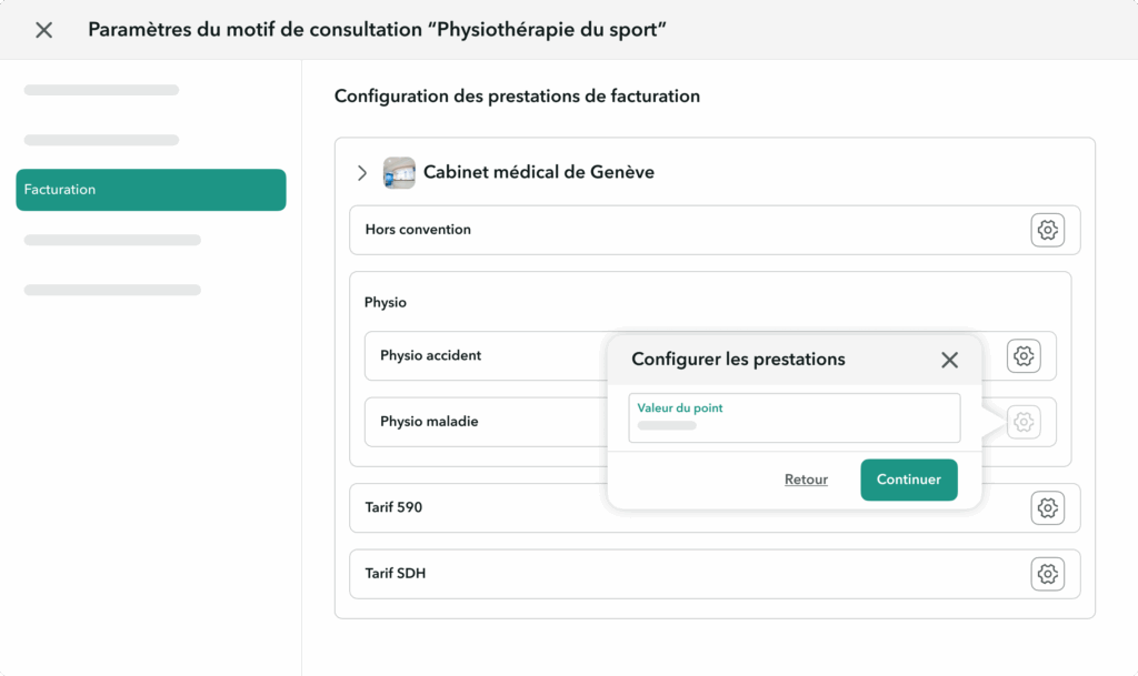 facture-physiotherapie-valeur-point Interface de facturation physiothérapeute sur OneDoc Invoice permettant de choisir la valeur du point