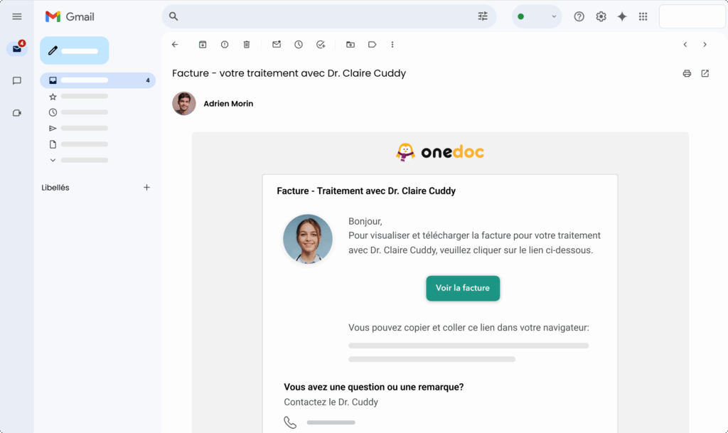 mail-facturation-OneDoc-Pro Mail contenant un lien sécurisé vers la facture du patient.