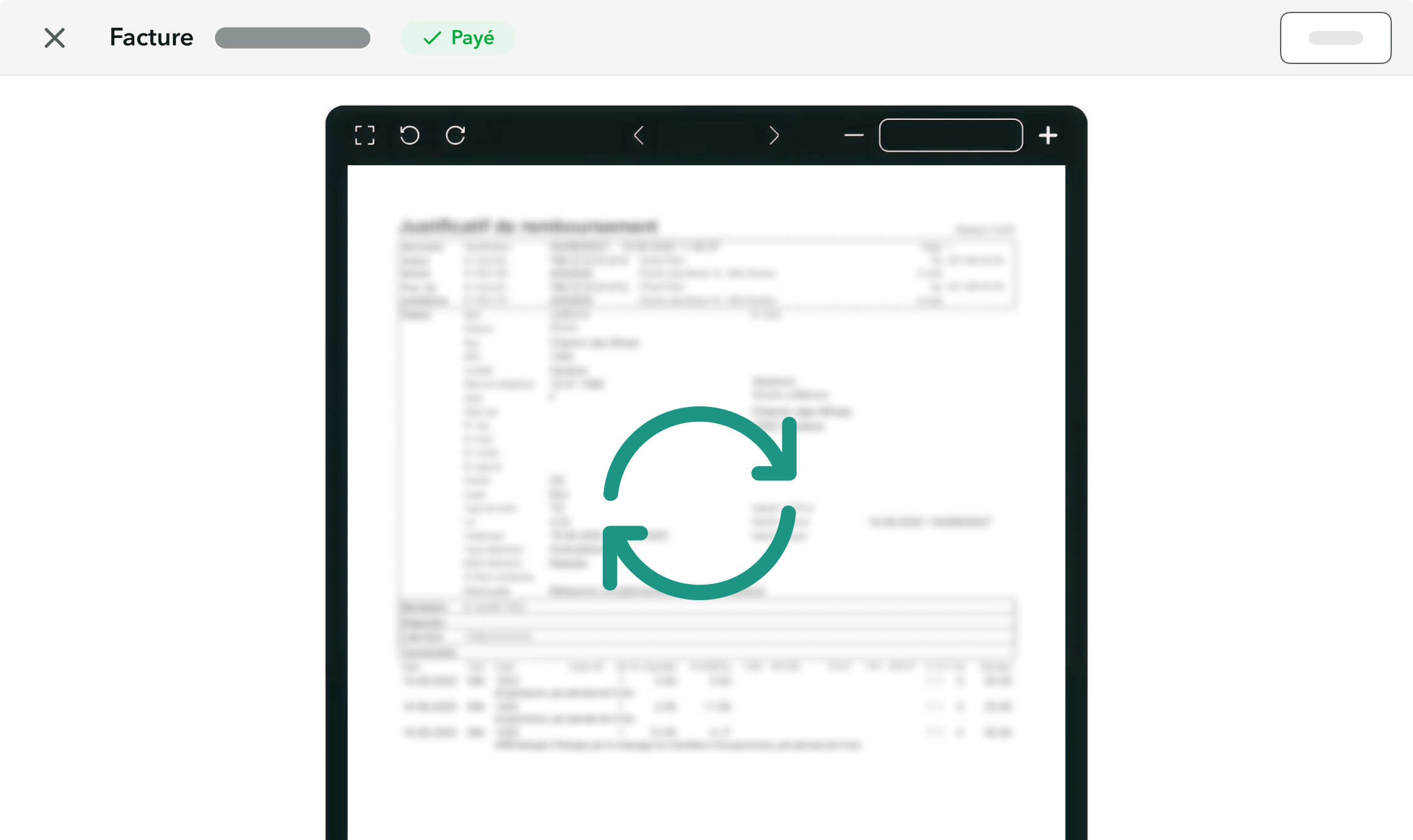 Facture OneDoc Invoice floutée avec un symbole de mise à jour automatique des tarifs