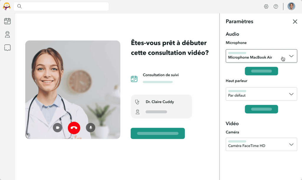parametres-microphone-audio-Visio-teleconsultation Paramètres d'une consultation vidéo sur OneDoc Visio avec la possibilité de changer son microphone et ses paramètres audio pour la téléconsultation