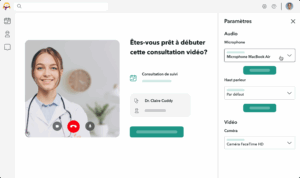 parametres-microphone-audio-Visio-teleconsultation Paramètres d'une consultation vidéo sur OneDoc Visio avec la possibilité de changer son microphone et ses paramètres audio pour la téléconsultation