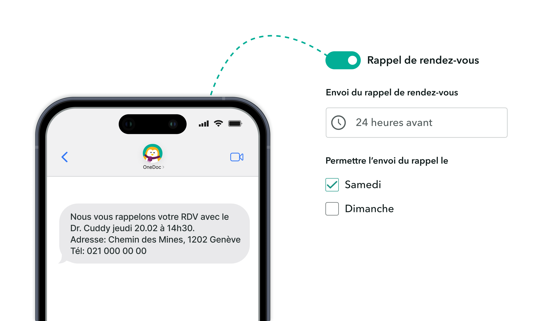 parametres-sms-rappel-onedoc-pro Smartphone avec un SMS OneDoc et une infobulle permettant de paramétrer les rappels