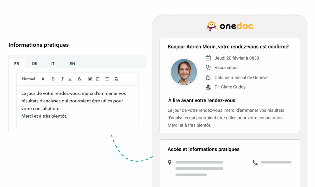 personnalisation-email-confirmation-OneDoc-Pro Email de confirmation OneDoc avec fenêtre sur la gauche permettant de