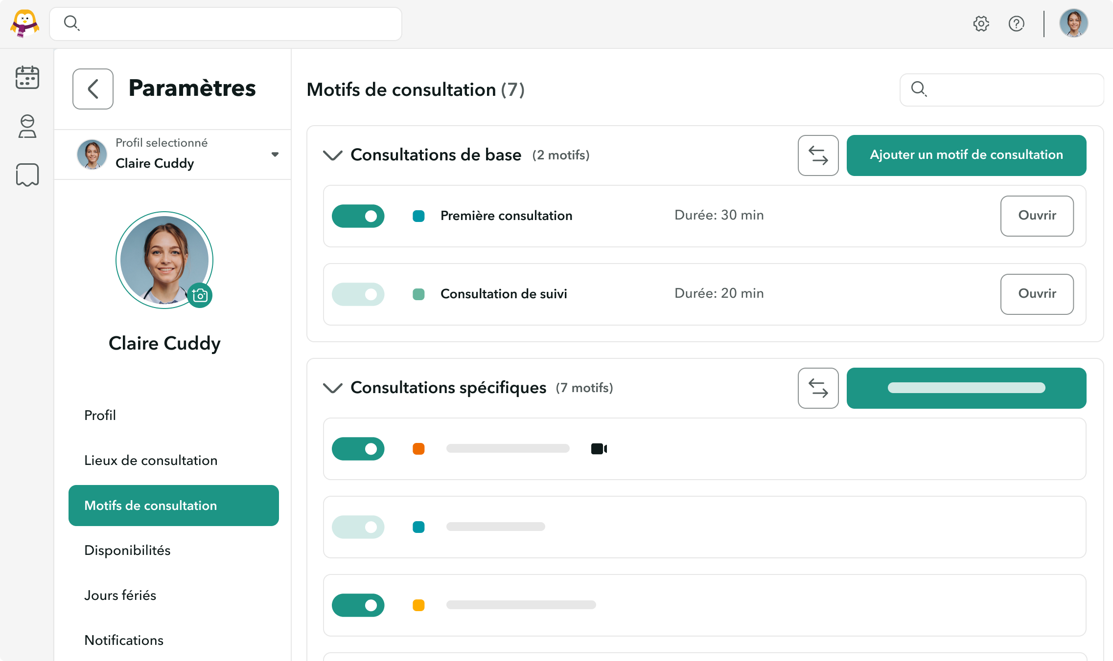 Vue du paramétrage des motifs de consultation sur OneDoc Pro.