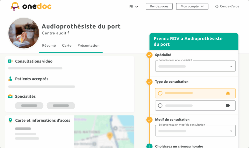 profil-centre-auditif-onedoc-ch Vue d'une page profil d'un centre auditif sur onedoc.ch.