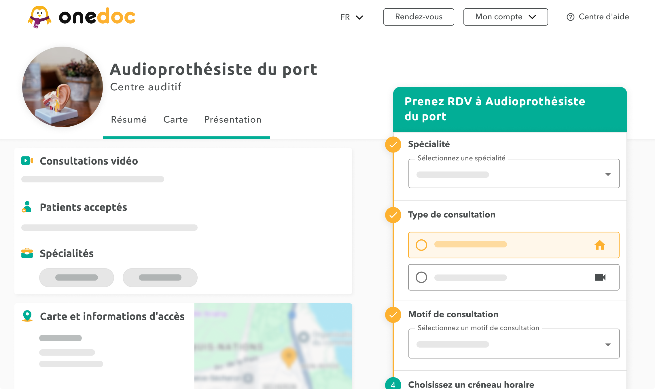profil-centre-auditif-onedoc-ch Vue d'une page profil d'un centre auditif sur onedoc.ch.