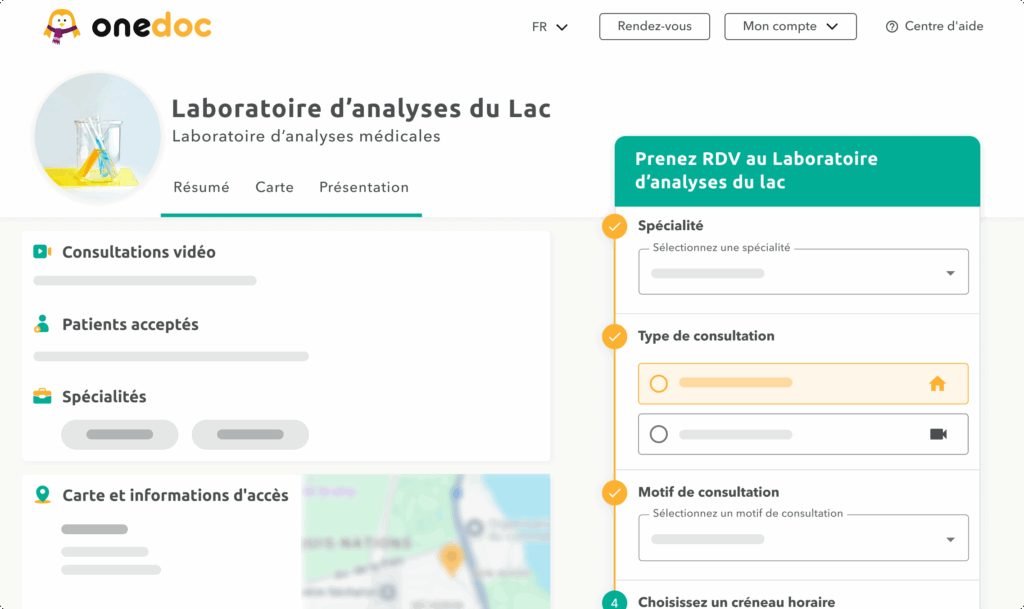 Vue d'une page profil d'un laboratoire sur onedoc.ch.