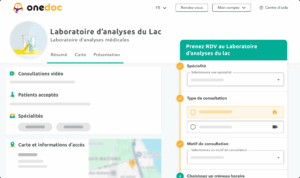 profil-laboratoire-analyse-onedoc-ch Vue d'une page profil d'un laboratoire sur onedoc.ch.