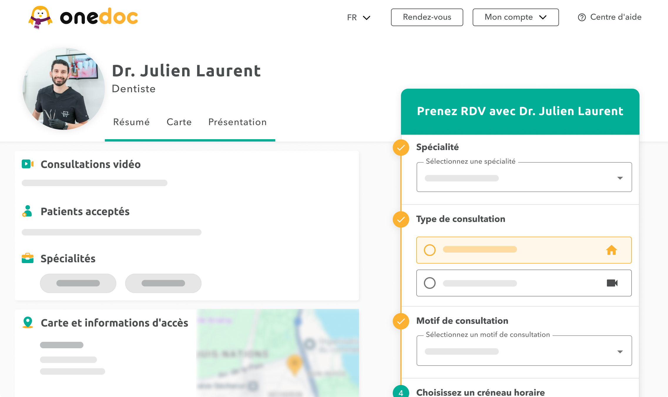 profil-medecin-dentiste-onedoc-ch Vue d'une page profil de médecin dentiste sur onedoc.ch