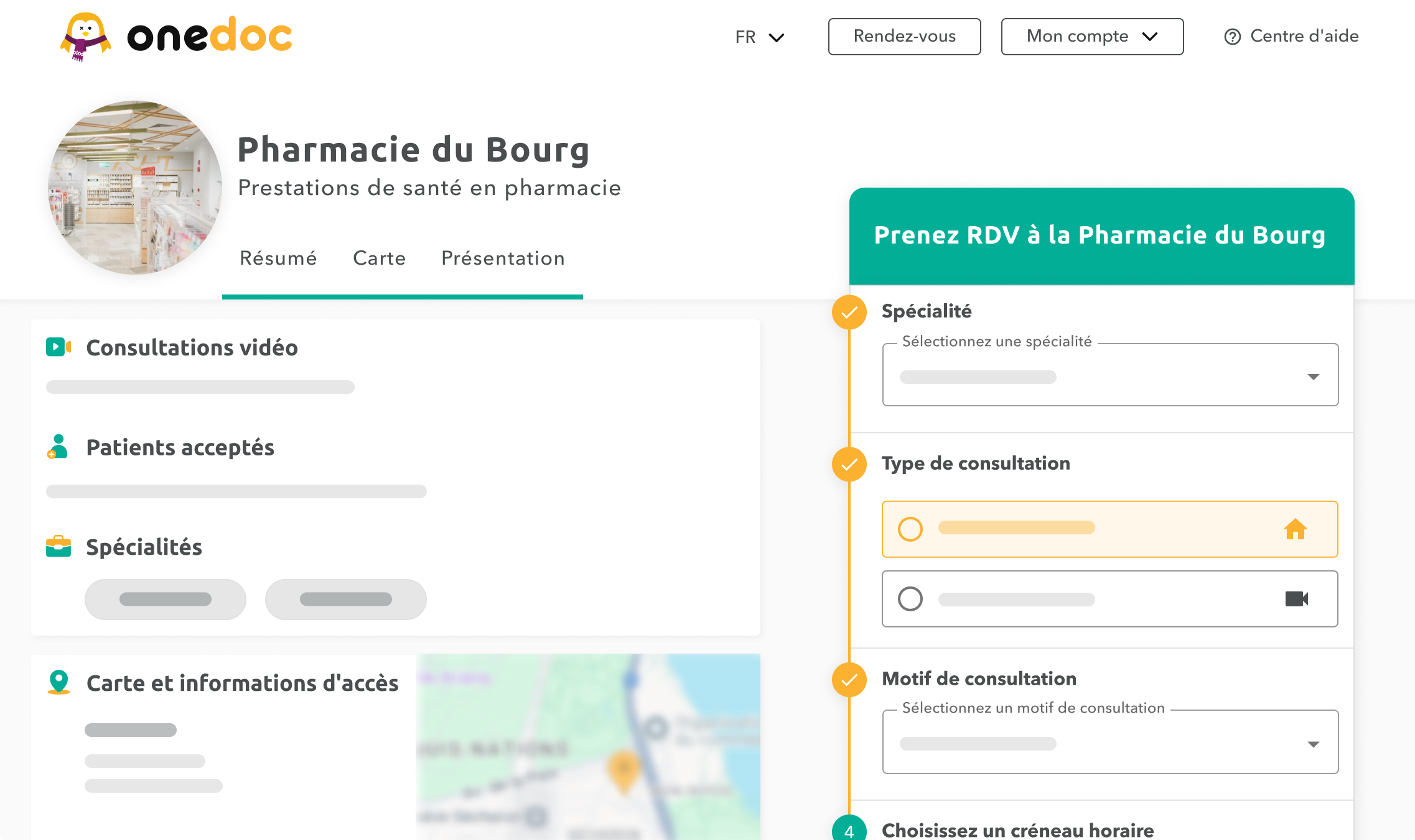 profil-pharmacie-onedoc-ch Vue d'une page profil d'une pharmacie sur onedoc.ch.