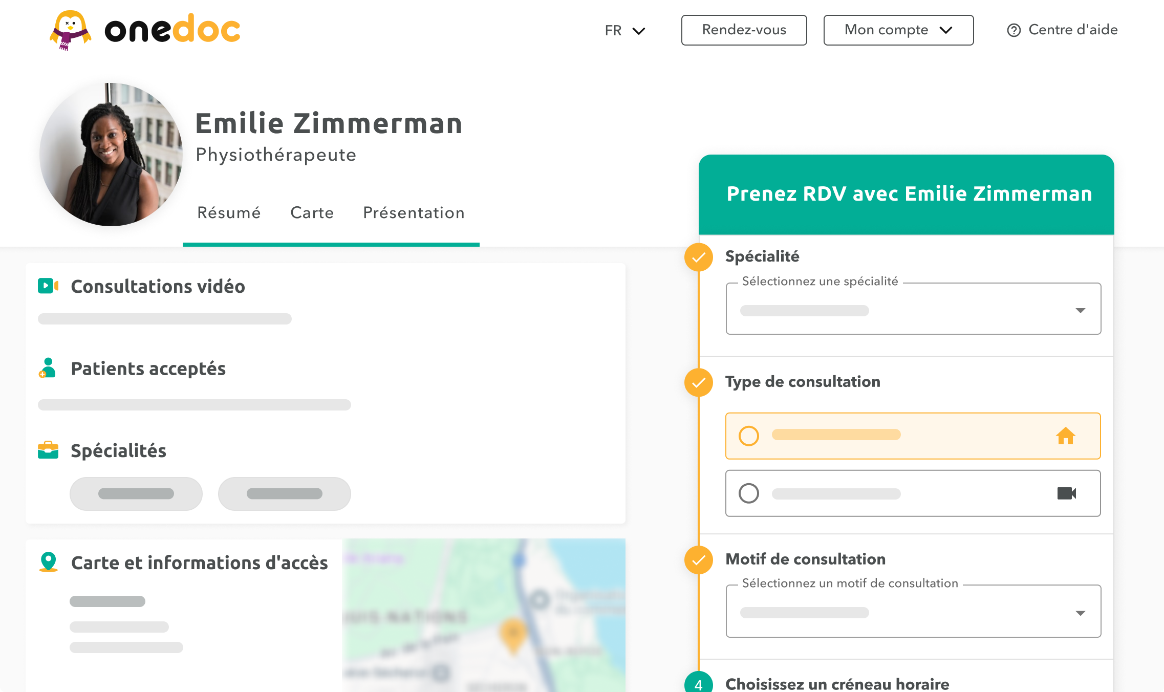 profil-physiotherapeute-onedoc-ch Vue d'une page profil de médecin généraliste sur onedoc.ch