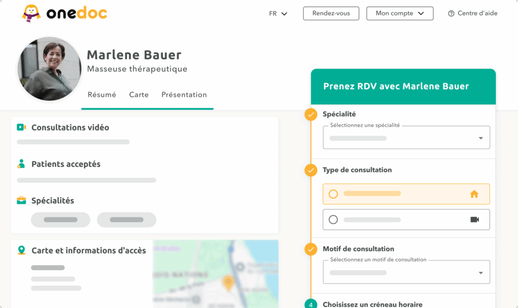 Vue d'une page profil d'une thérapeute complémentaire sur onedoc.ch