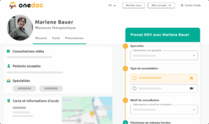 profil-therapeute-complementaire-onedoc-ch Vue d'une page profil d'une thérapeute complémentaire sur onedoc.ch