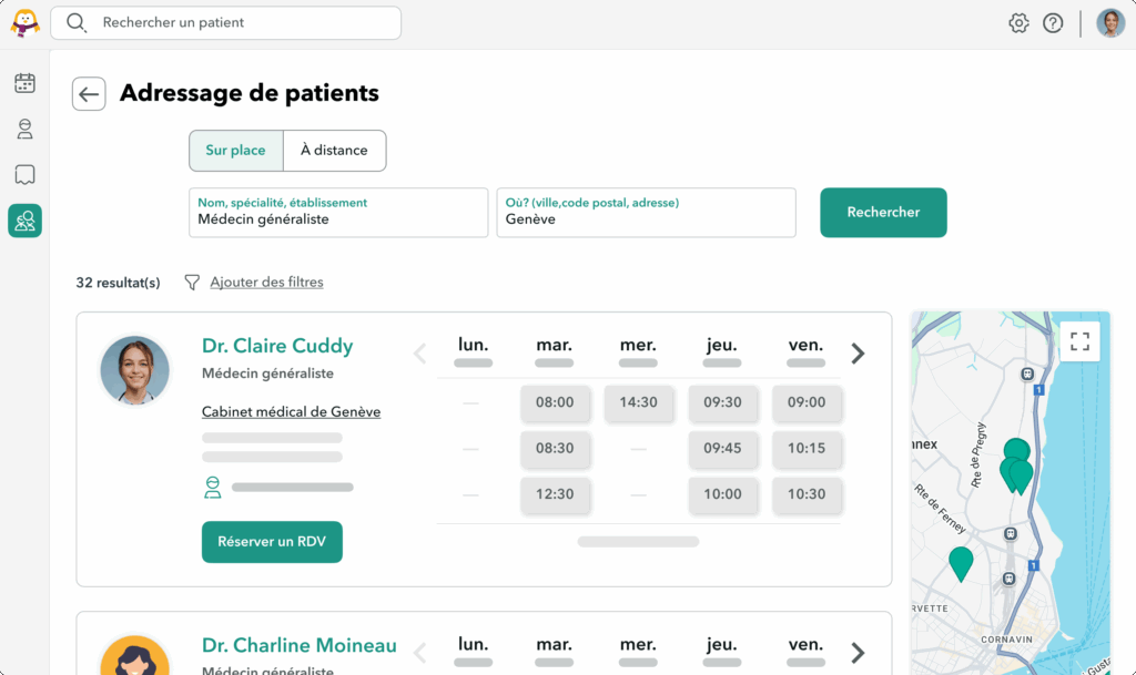 recevoir-demande-adressage Vue de la recherche de professionnels de santé directement dans OneDoc Pro pour faire des demandes d'adressage.