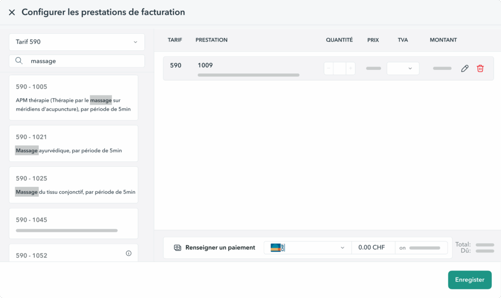 recherche-prestation-tarif-590-OneDoc-Invoice Interface OneDoc Invoice avec barre de recherche intégrée pour chercher les prestations du Tarif 590 voulues