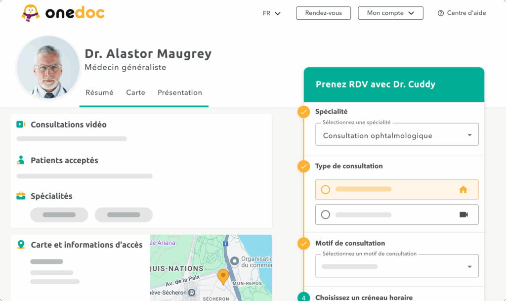 reservation-rendez-vous-etapes-protocole-soin-OneDoc-Pro Réservation d'un protocole de soin sur onedoc.ch alors qu'en arrière plan toutes les étapes du rendez-vous sont réservées dans les agendas concernés.