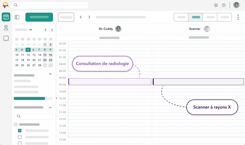 reservation-ressources-appareil Un agenda OneDoc avec un professionnel et un équipement pouvant être réservées en parallèle